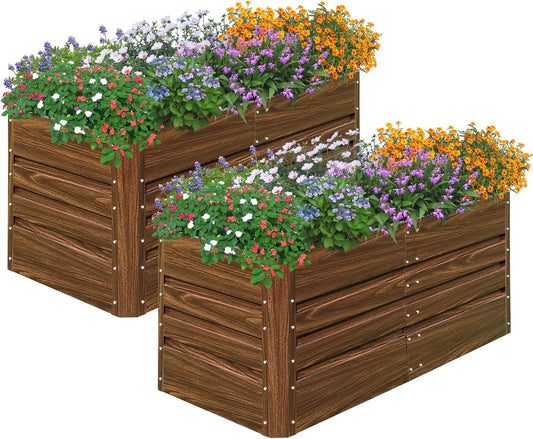 2-Pack 4x2x2FT Galvanized Raised Garden Bed Planter Box for Vegetables Flowers Herbs Outdoor, Deep Root Design Brown