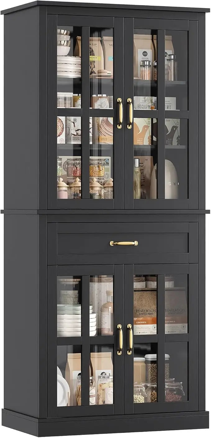 Freestanding Kitchen Pantry Cabinet With Glass Doors And Drawer