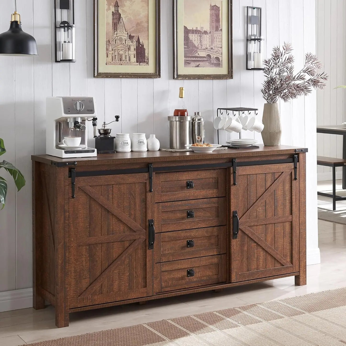 Rustic Wood Kitchen Cabinet With Sliding Barn Doors And Drawers