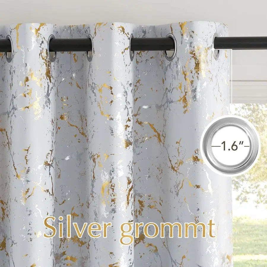 100 Blackout Gold Silver Foil Marble Print White Base Curtains for Living Room Bedroom 84 Inches Long Modern Room Darkening Soun