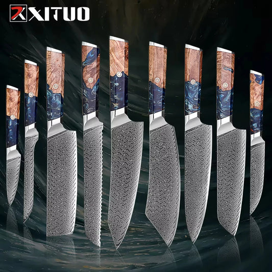 1-9 Pcs Damascus Knife Set Japanese Kitchen Knives VG10 Steel Core Ultra-Sharp Pro Chef Knife Set with Resin & Burl Wood Handles
