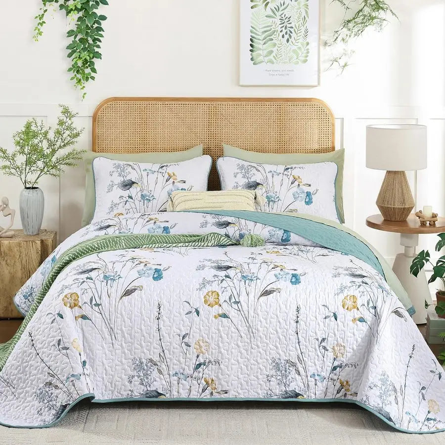 Teal Floral Quilt Set King Size, 3 Pieces Botanical Plants Pattern Bedspread Coverlet Set with 2 Pillowcases, Soft Lightweight M