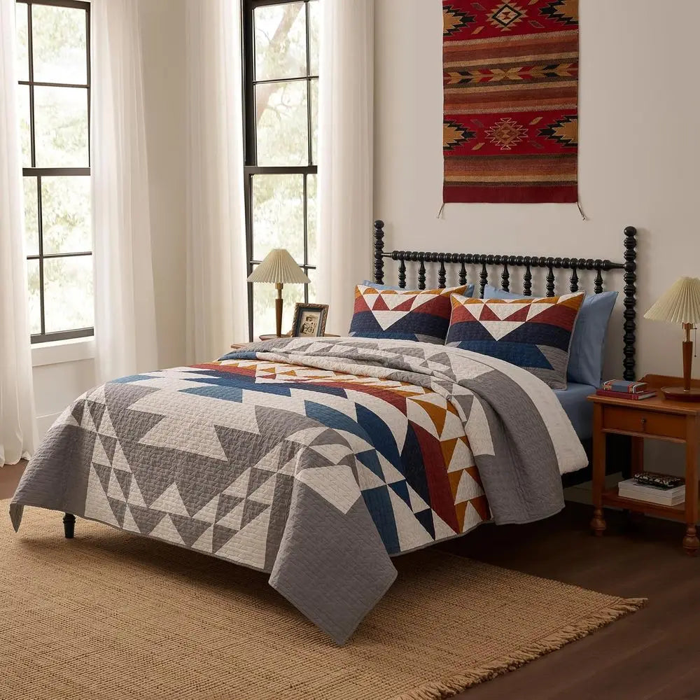 Cotton Lightweight Quilted Coverlet Set with 2 Shams, 110x96 inches, Blue Grey Multicolor, Washable Rustic Decor