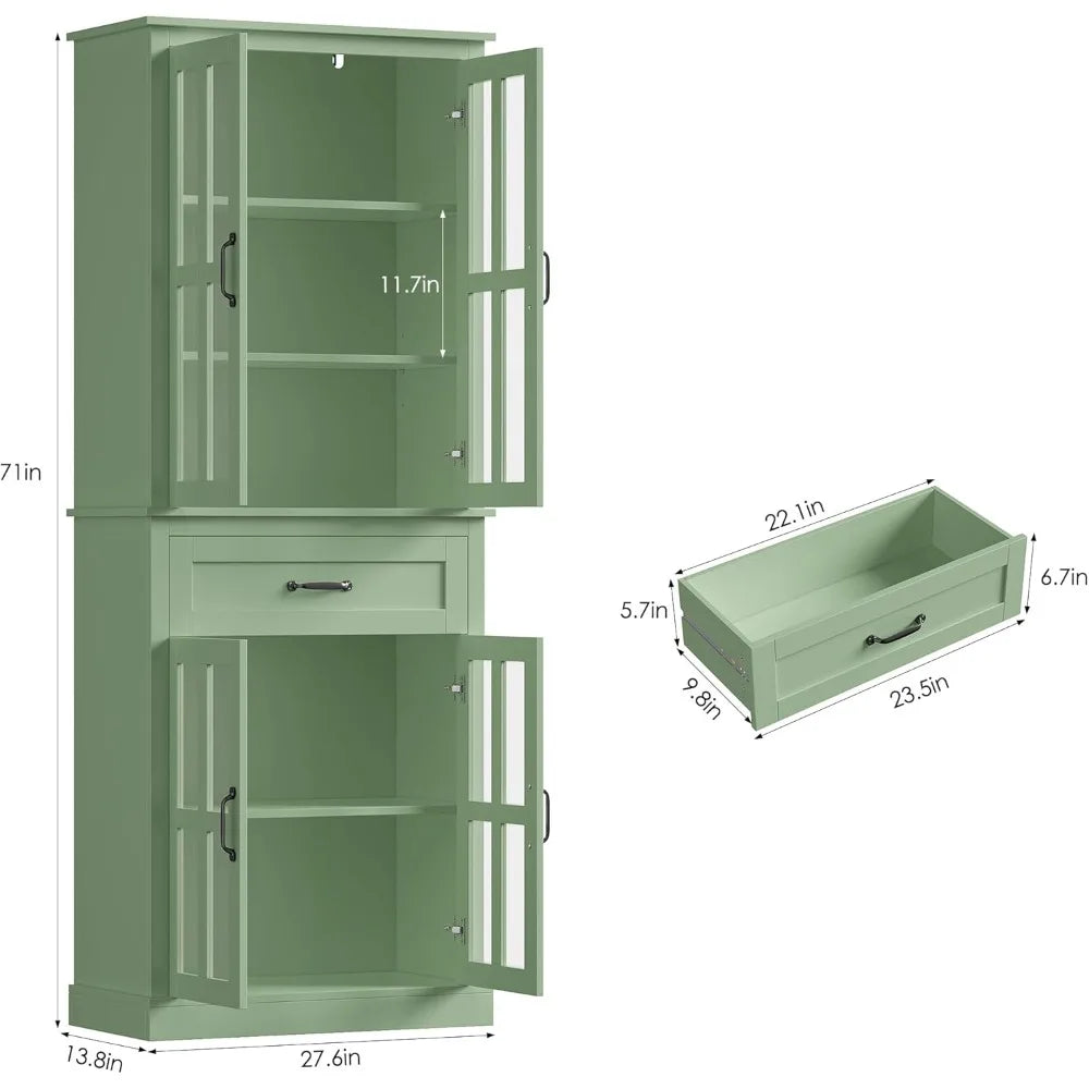 Freestanding Kitchen Pantry Cabinet With Glass Doors And Drawer