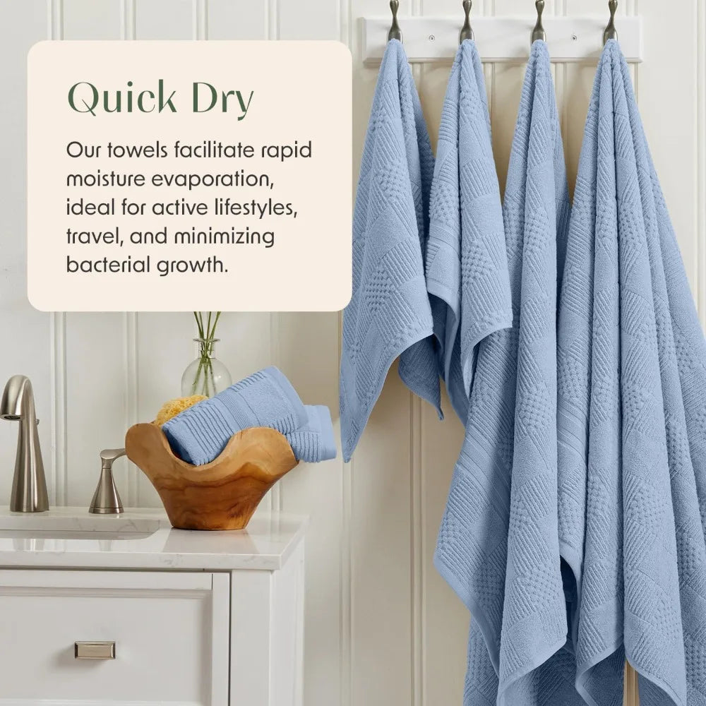100% Cotton Bath Towel Set of 4 Blue Towels Geometric Textured Design Absorbent & Quick-Dry 4 Bath Towel