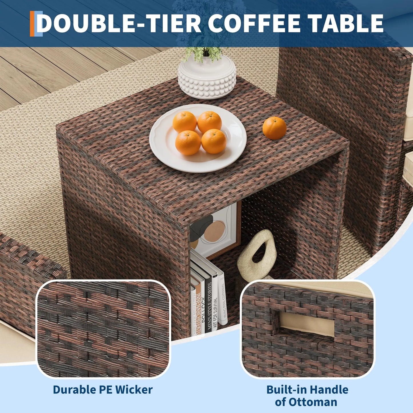 HiMISS All-Weather PE Rattan Patio Set With Two Ottomans