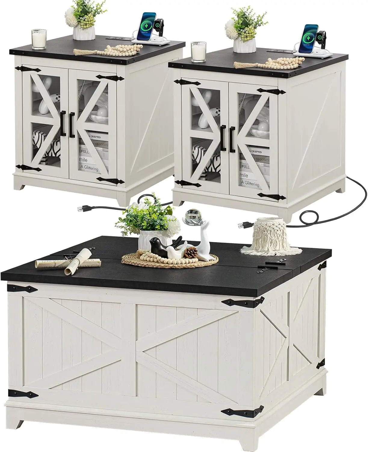 Farmhouse 3 Piece Coffee Table Set With Charging Station