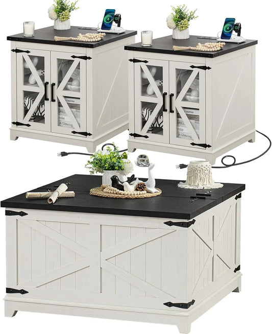 Farmhouse 3 Piece Coffee Table Set With Charging Station