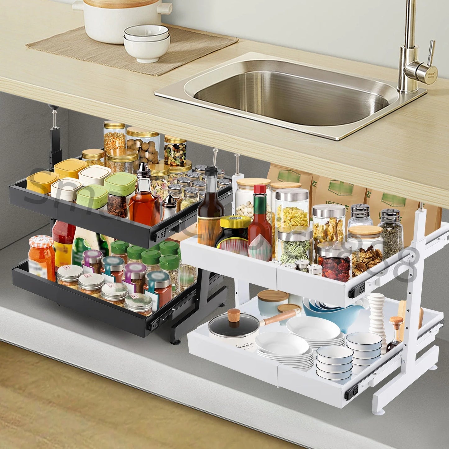 Under Sink Pull Out Pantry Organizer Multi Tier Cabinet Basket