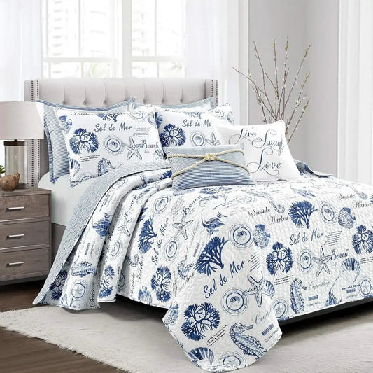 7-Piece Reversible Quilt Set, King Size, Indigo - Elegant Nautical Themed Bedding for Beach House Decor