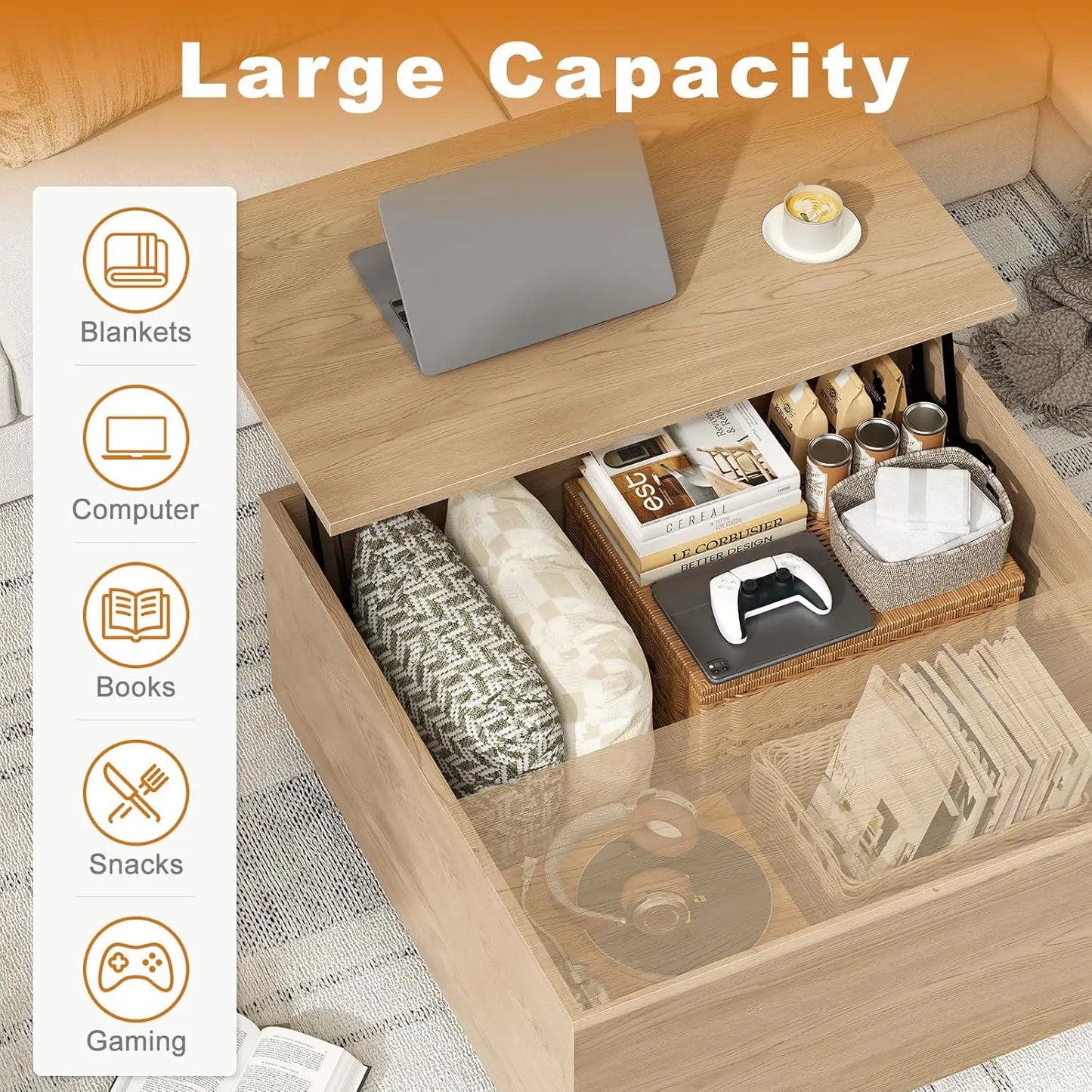 Lift Top Farmhouse Wood Coffee Table With Hidden Storage