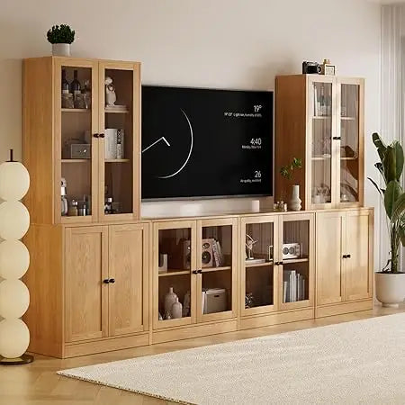 4-Piece Large TV Stand with Bookshelves for TVs up to 75, TV Entertainment Center Media Center with Tempered Glass Doors.