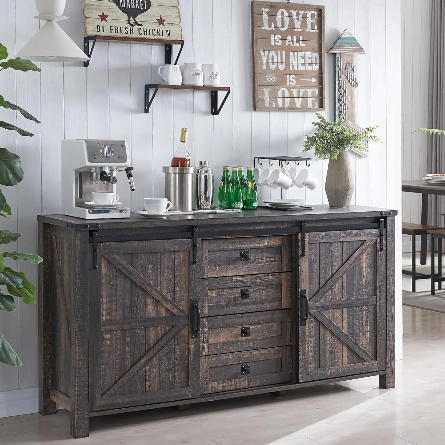 Rustic Wood Kitchen Cabinet With Sliding Barn Doors And Drawers
