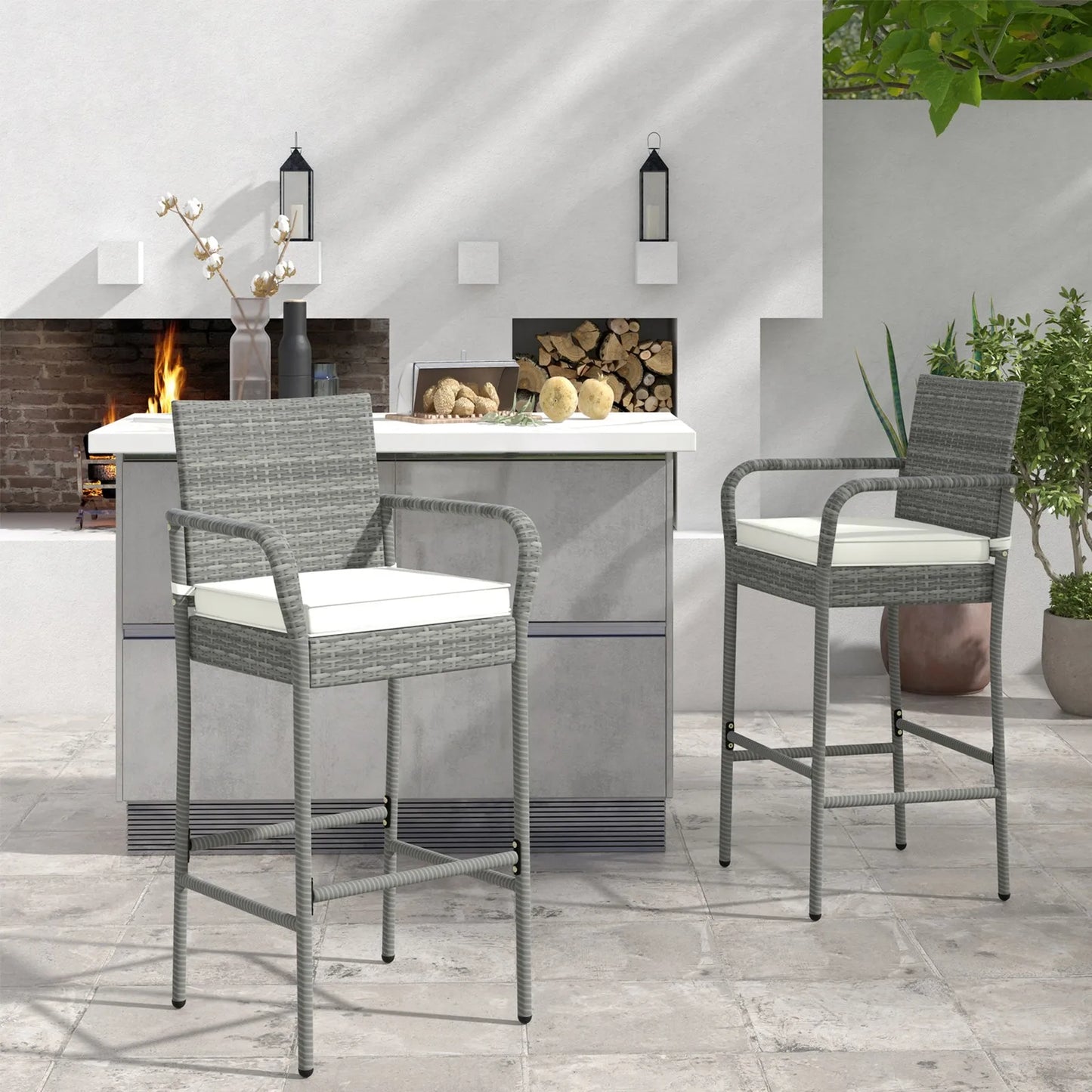 Set Of 4 Rattan Patio Bar Stools Outdoor Bar Height Chairs With Cushions