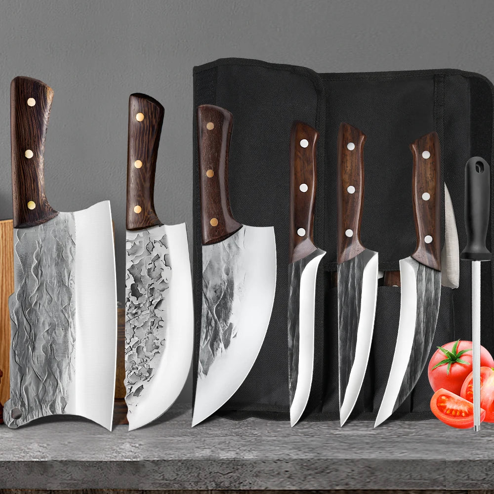 7pcs Kitchen Knife Set with Roll Bag Hand Forged Boning Knife for Meat Cleaver Cutting & Viking Knives with Ergonomic Handle