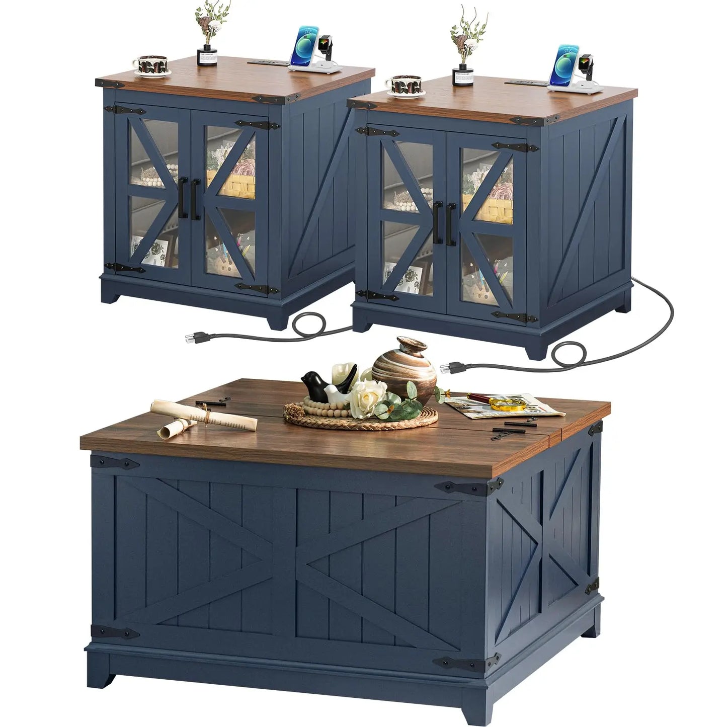 Farmhouse 3 Piece Coffee Table Set With Charging Station