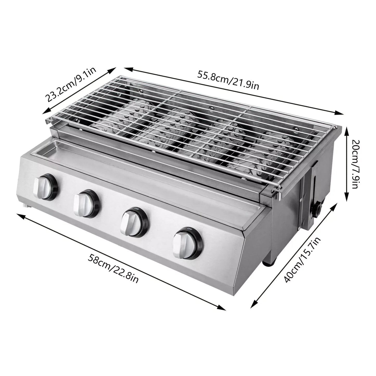 4 Burners Smokeless Gas BBQ Grill, Outdoor Cooking,  Height Adjustable, With Stainless Steel Griddle Healthy & Easy to Clean