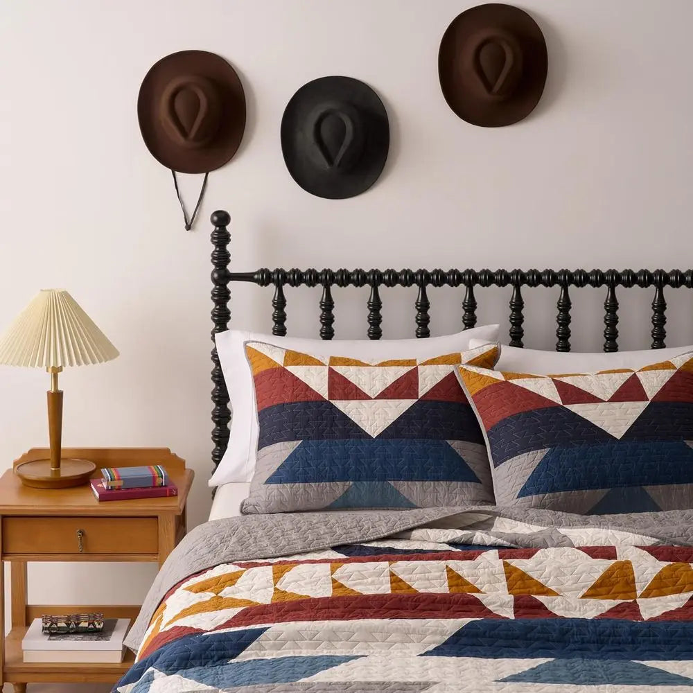 Cotton Lightweight Quilted Coverlet Set with 2 Shams, 110x96 inches, Blue Grey Multicolor, Washable Rustic Decor