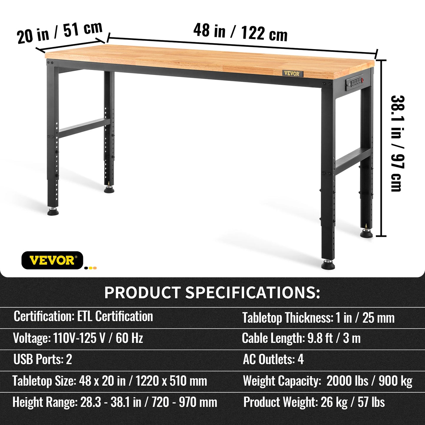 SucceBuy Multi Adjustable Workbench Woodworking Hardwood Work Bench with Power Outlets Foot Pads for Workshop Office Home Use