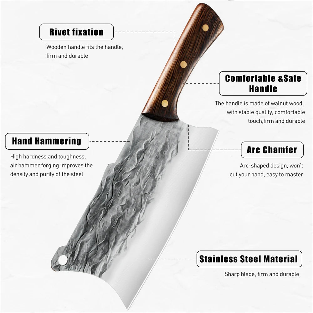 7pcs Kitchen Knife Set with Roll Bag Hand Forged Boning Knife for Meat Cleaver Cutting & Viking Knives with Ergonomic Handle