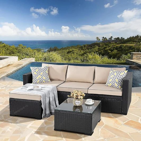 3-Piece Outdoor Sectional Furniture Set, All-Weather Rattan Couch with Washable Cushions and Glass Coffee Table