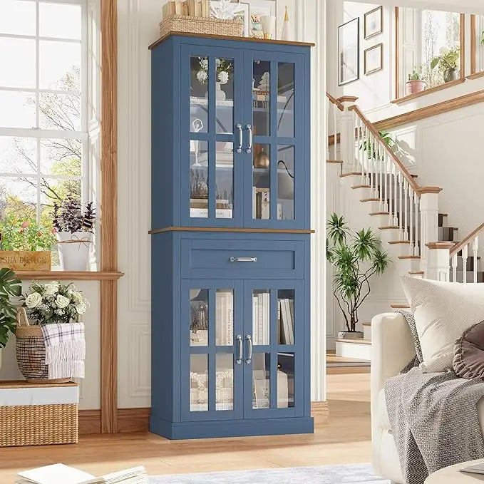 Freestanding Kitchen Pantry Cabinet With Glass Doors And Drawer
