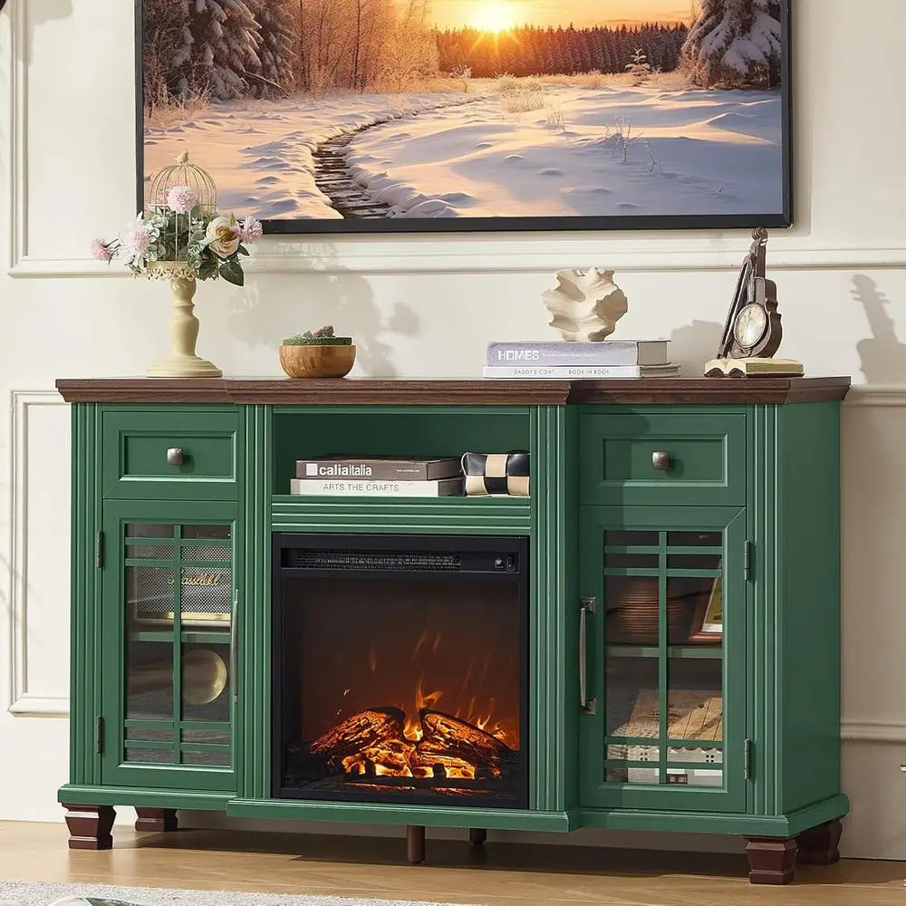 52" Fireplace TV Stand with 18”Silent Electric Fireplace, Farmhouse Entertainment Center for TVs up to 65", 2 Drawers TV Console