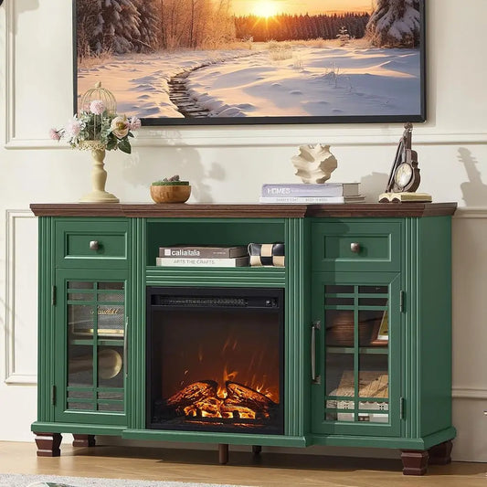 52" Fireplace TV Stand with 18”Silent Electric Fireplace, Farmhouse Entertainment Center for TVs up to 65", 2 Drawers TV Console