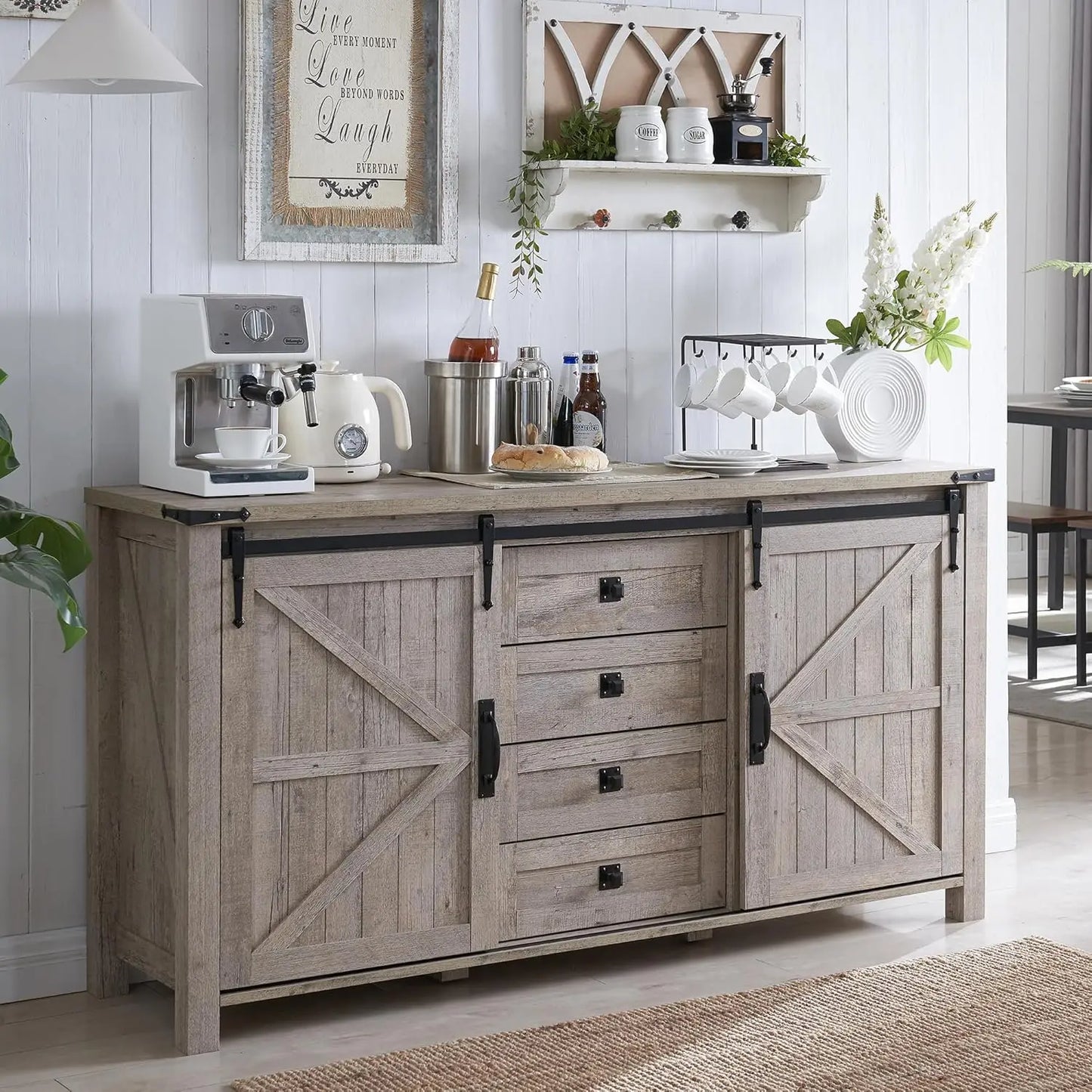 Rustic Wood Kitchen Cabinet With Sliding Barn Doors And Drawers