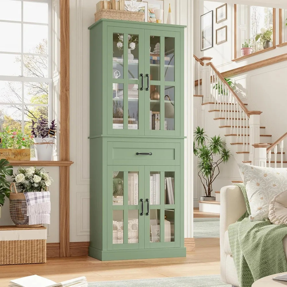 Freestanding Kitchen Pantry Cabinet With Glass Doors And Drawer