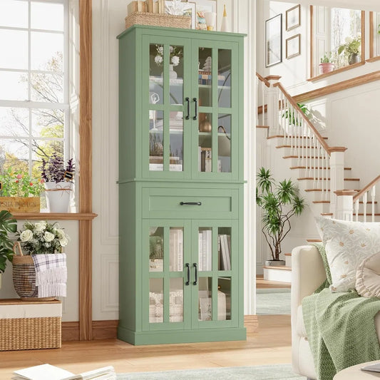 Freestanding Kitchen Pantry Cabinet With Glass Doors And Drawer