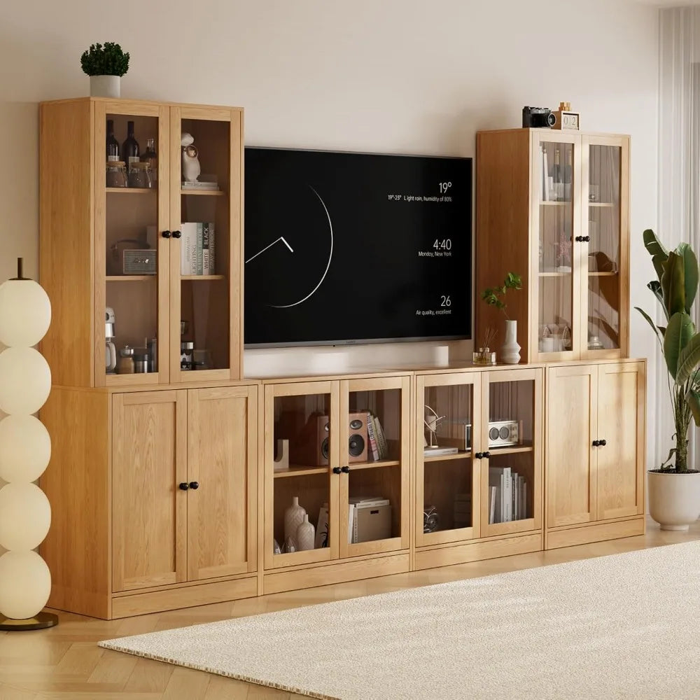 4-Piece Large TV Stand with Bookshelves for TVs up to 75, TV Entertainment Center Media Center with Tempered Glass Doors.