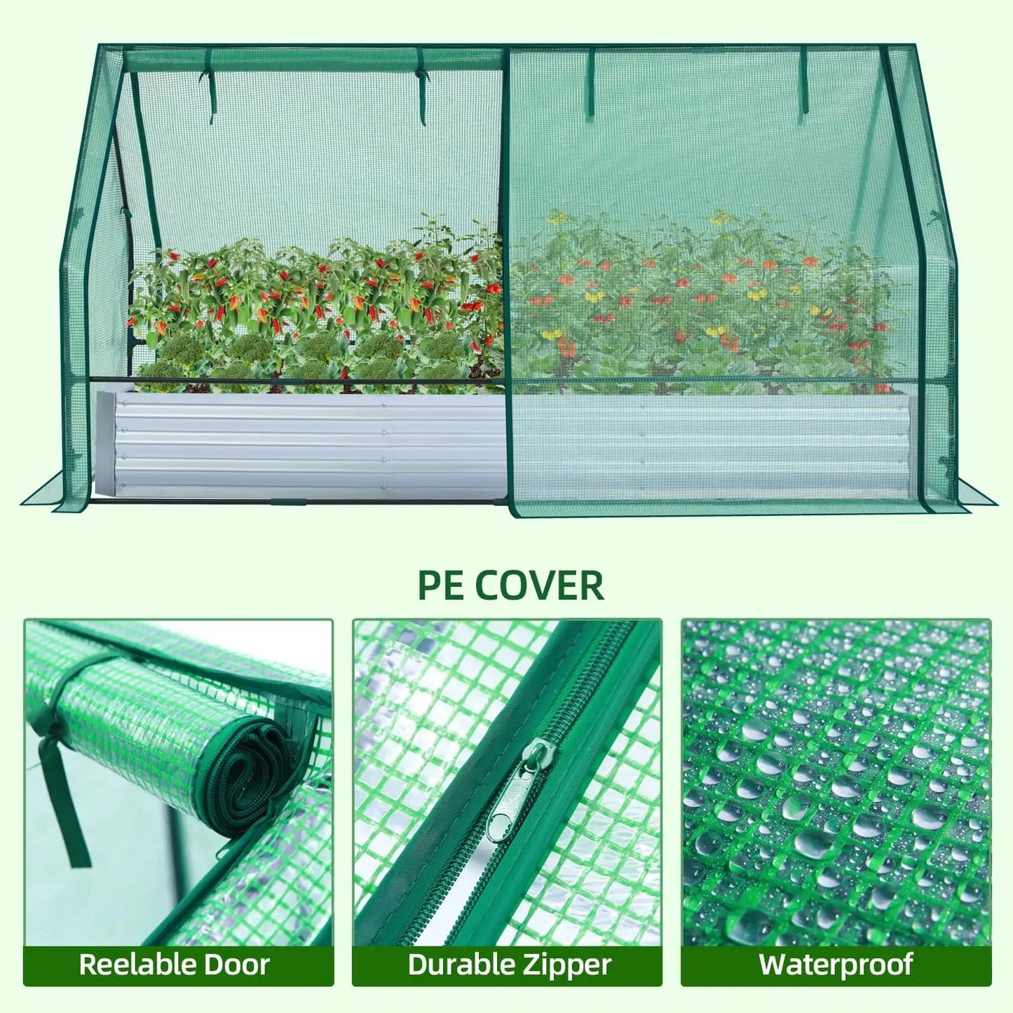 8x4ft Galvanized Raised Garden Bed with Greenhouse Cover, 4 Doors Ventilation, 3-in-1 Planter Box for Vegetables Flowers Herbs