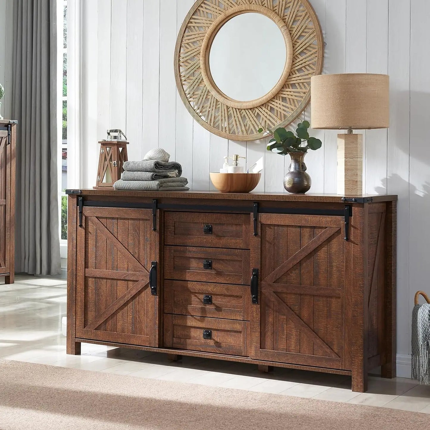 Rustic Wood Kitchen Cabinet With Sliding Barn Doors And Drawers