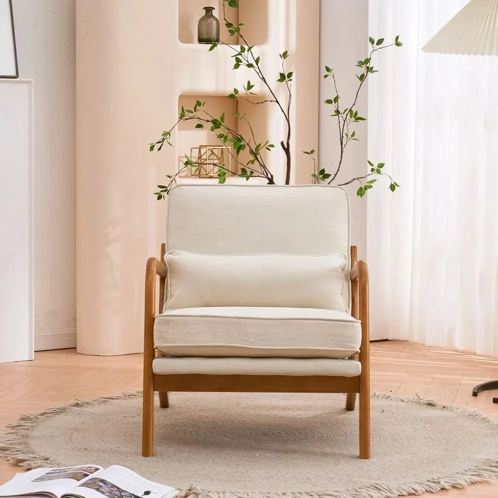 Mid-Century Modern Accent Chair, Living Room Chairs with Pillow Corduroy Upholstered Lounge Armchair with Solid Wood Frame